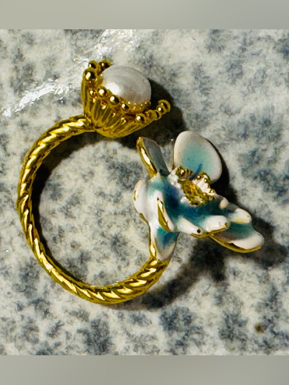 NWT Gold Plated Blue Enamel Flower & Pearl Accent Ring